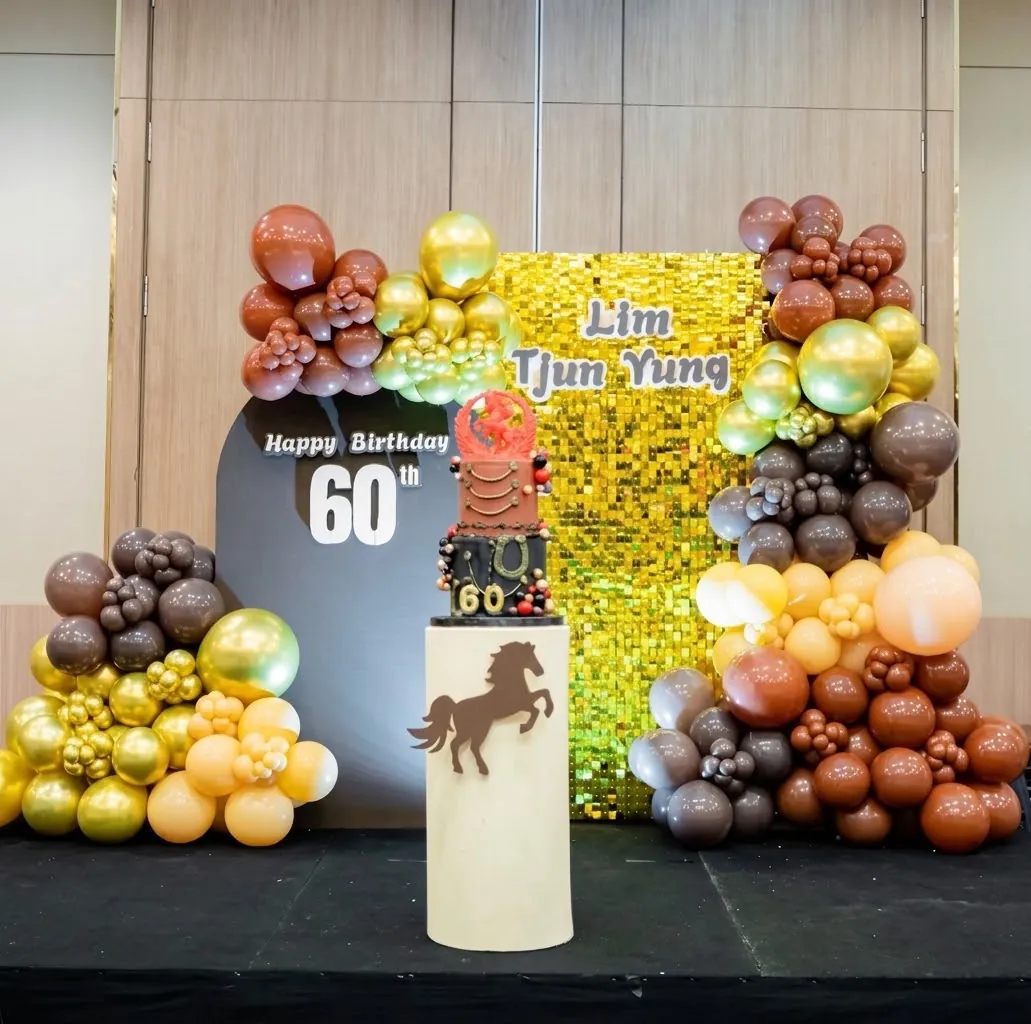 Dekorasi balon gold dan cokelat untuk ulang tahun dewasa
